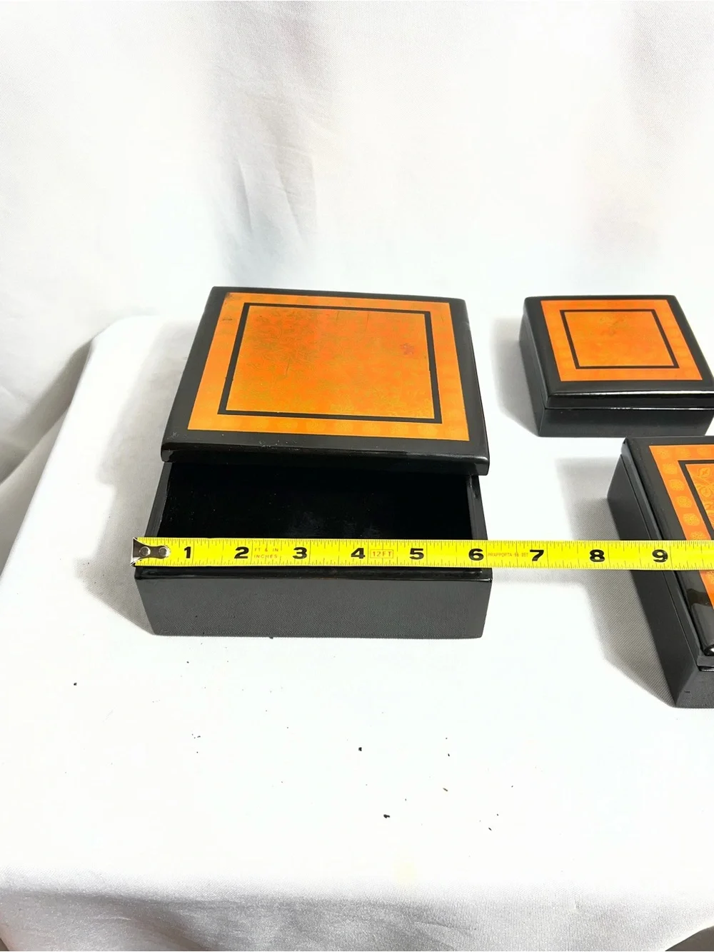 Set Of 3 Black Orange Lacquer Nesting Trinket Boxes Floral Storage Decor